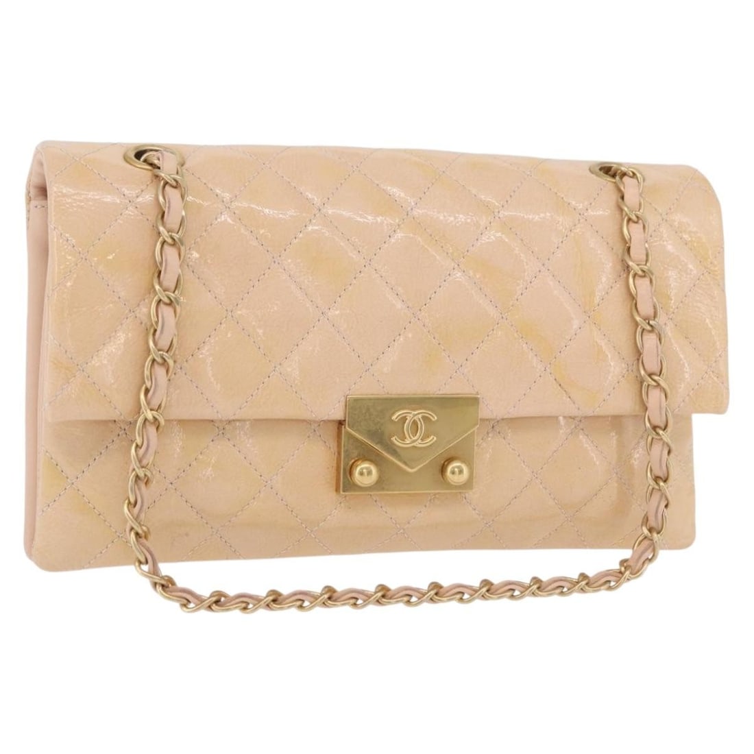 CHANEL CC Patent Leather Shoulder Bag Beige Gold Chain Strap: CHANEL CC Patent Leather Shoulder Bag Beige Gold Chain Strap CHANEL Matelasse chain shoulder bag in beige and gold patent leather, made in France. This women's shoulder bag features a compact silhouet
