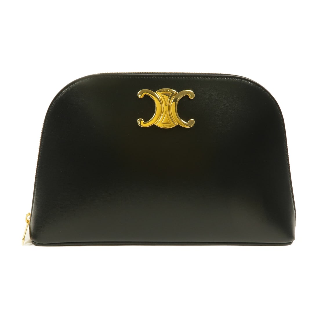 CELINE Triomphe Calfskin Pouch Black GHW 10N073GEZ.38NO: CELINE Triomphe Calfskin Pouch Black GHW 10N073GEZ.38NO Celine Triomphe pouch in black calfskin leather with a card slot inside and a fastener closure. Includes storage bags. Condition is AB: Very Goo