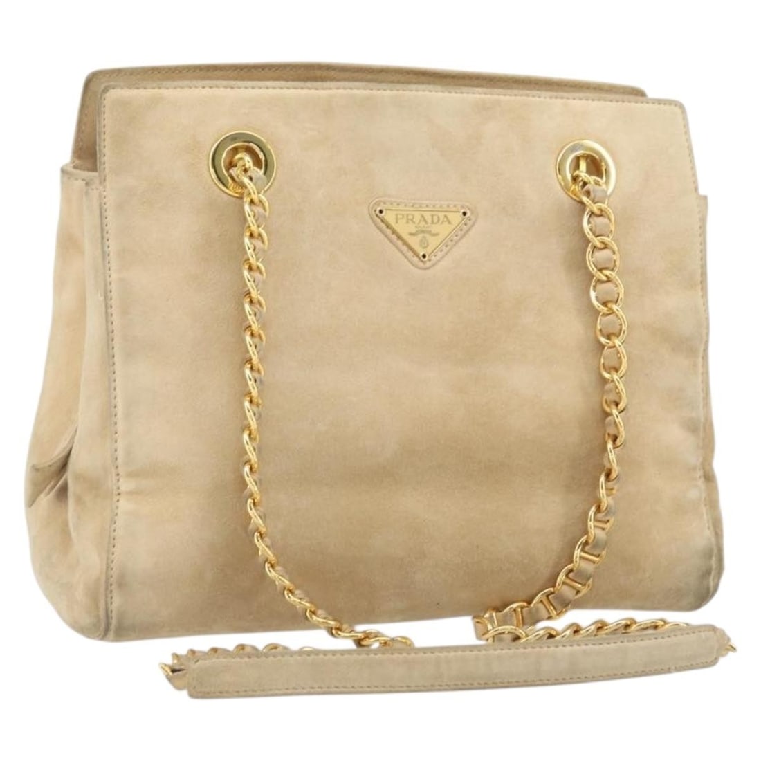 PRADA Beige Suede Shoulder Bag with Chain Strap and Card: PRADA Beige Suede Shoulder Bag with Chain Strap and Card Prada chain shoulder bag in beige and gold suede, made in Italy. It comes with a guarantee card and has a shoulder drop of approximately 15.7 i
