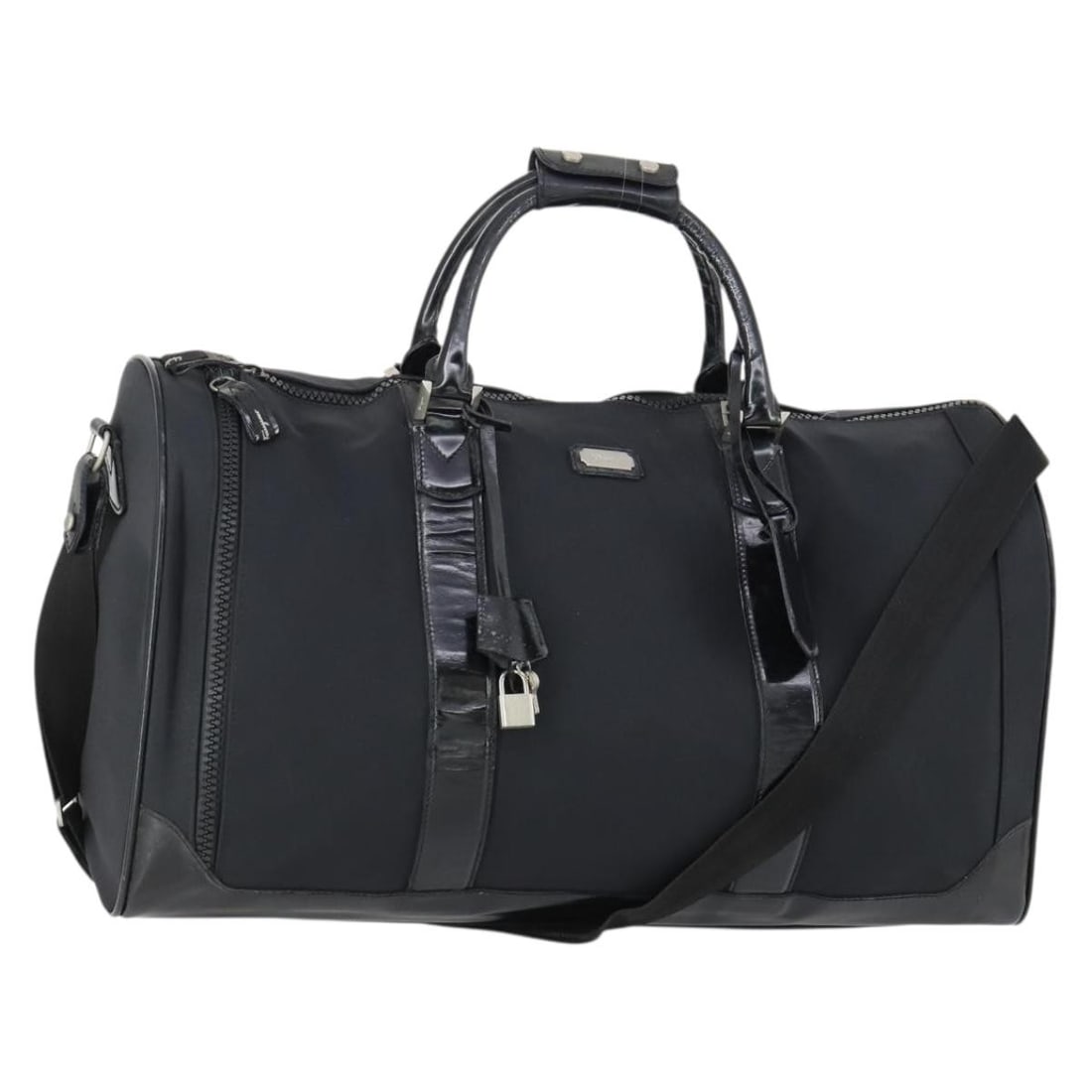 Salvatore Ferragamo Black Nylon Boston Bag with Silver Accents: Salvatore Ferragamo Black Nylon Boston Bag with Silver Accents Introducing the Salvatore Ferragamo Boston Bag, a stylish and functional accessory crafted in Italy. This bag features a durable black ny