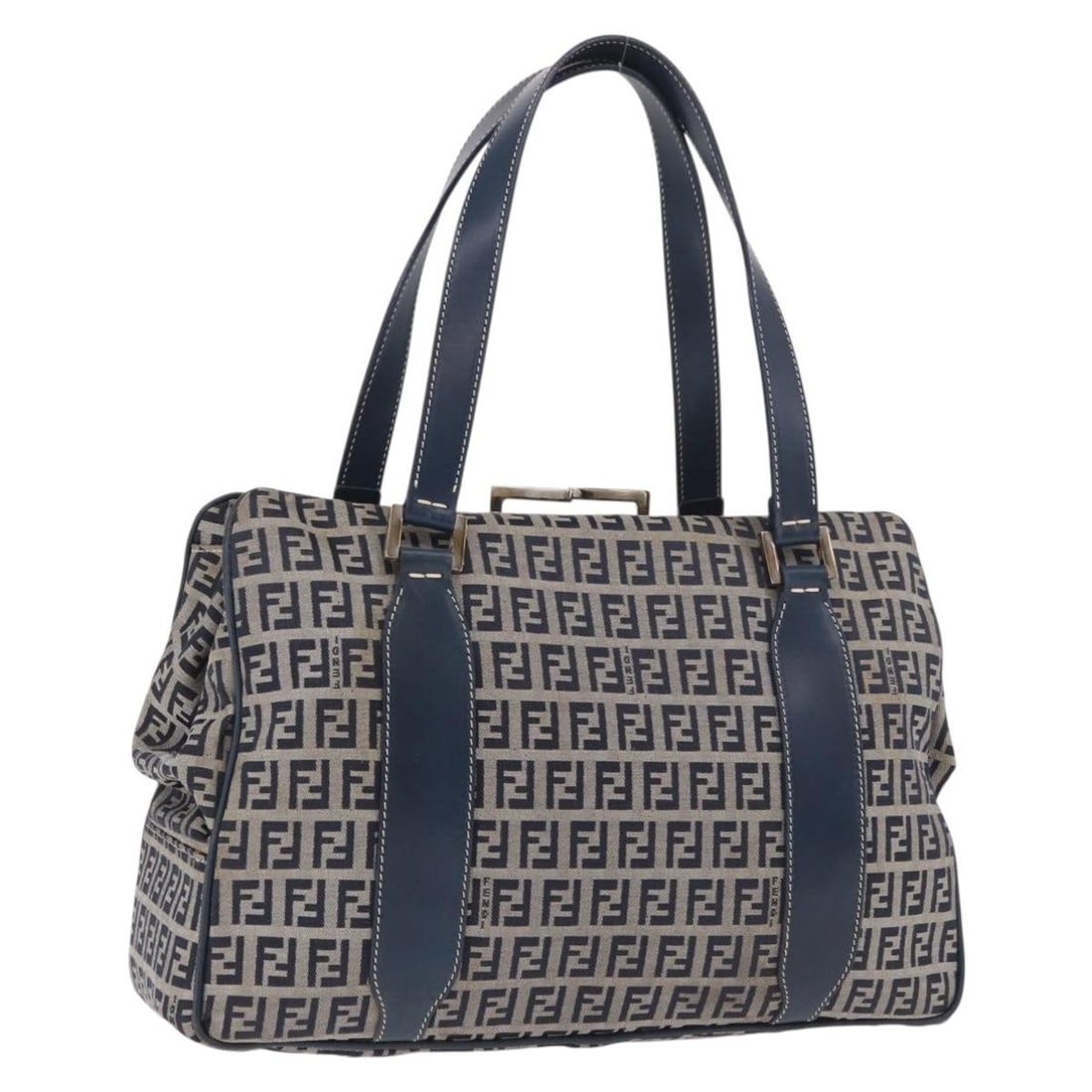 FENDI Zucchino Canvas Hand Bag Navy Silver Italy: FENDI Zucchino Canvas Hand Bag Navy Silver Italy Authentic Fendi Zucchino canvas hand bag in navy and silver. This women's bag is made in Italy and features a structured everyday silhouette with a sin