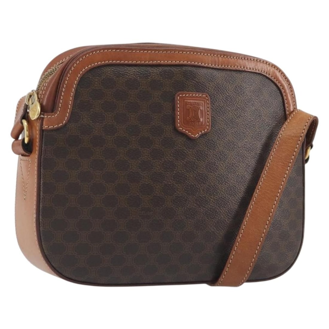 CELINE Macadam Shoulder Bag Brown PVC Leather Gold Tone: CELINE Macadam Shoulder Bag Brown PVC Leather Gold Tone Celine Macadam canvas shoulder bag in brown with gold-tone accents, crafted from PVC leather and Macadam canvas. Made in Italy, this women's sho