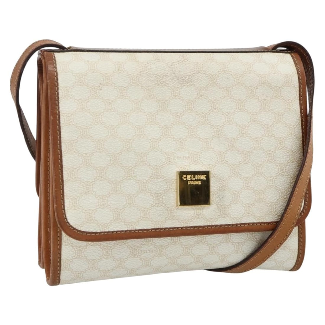CELINE Macadam PVC Leather Shoulder Bag White Gold Italy: CELINE Macadam PVC Leather Shoulder Bag White Gold Italy CELINE shoulder bag in PVC leather and Macadam canvas with a white and gold exterior. Made in Italy, this women's bag measures approximately 20