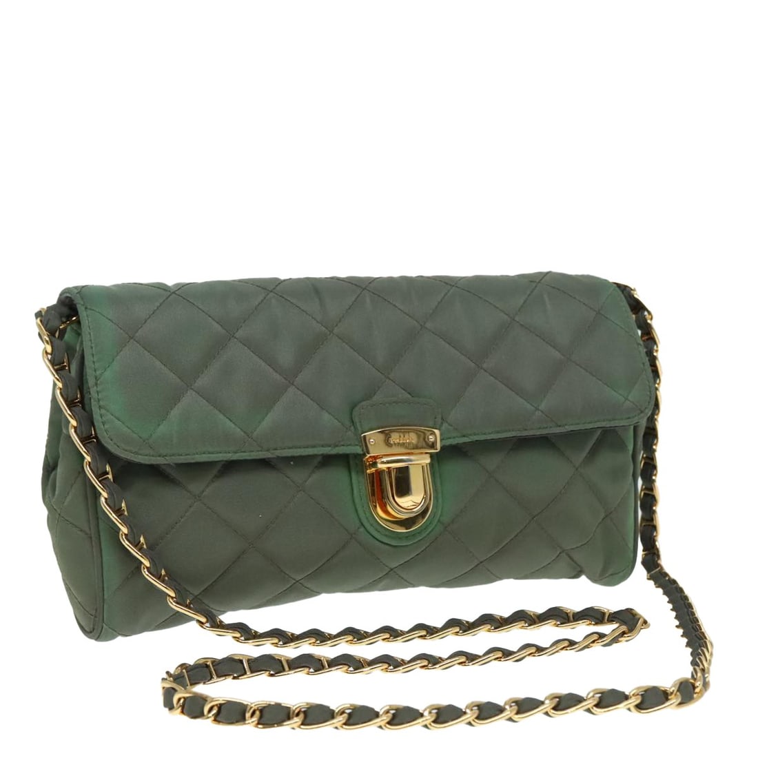 PRADA Nylon Shoulder Bag with Chain Strap Khaki Gold: PRADA Nylon Shoulder Bag with Chain Strap Khaki Gold This PRADA shoulder bag is crafted from nylon in a khaki and gold colorway. It features a quilted chain design, a shoulder strap with an approximat