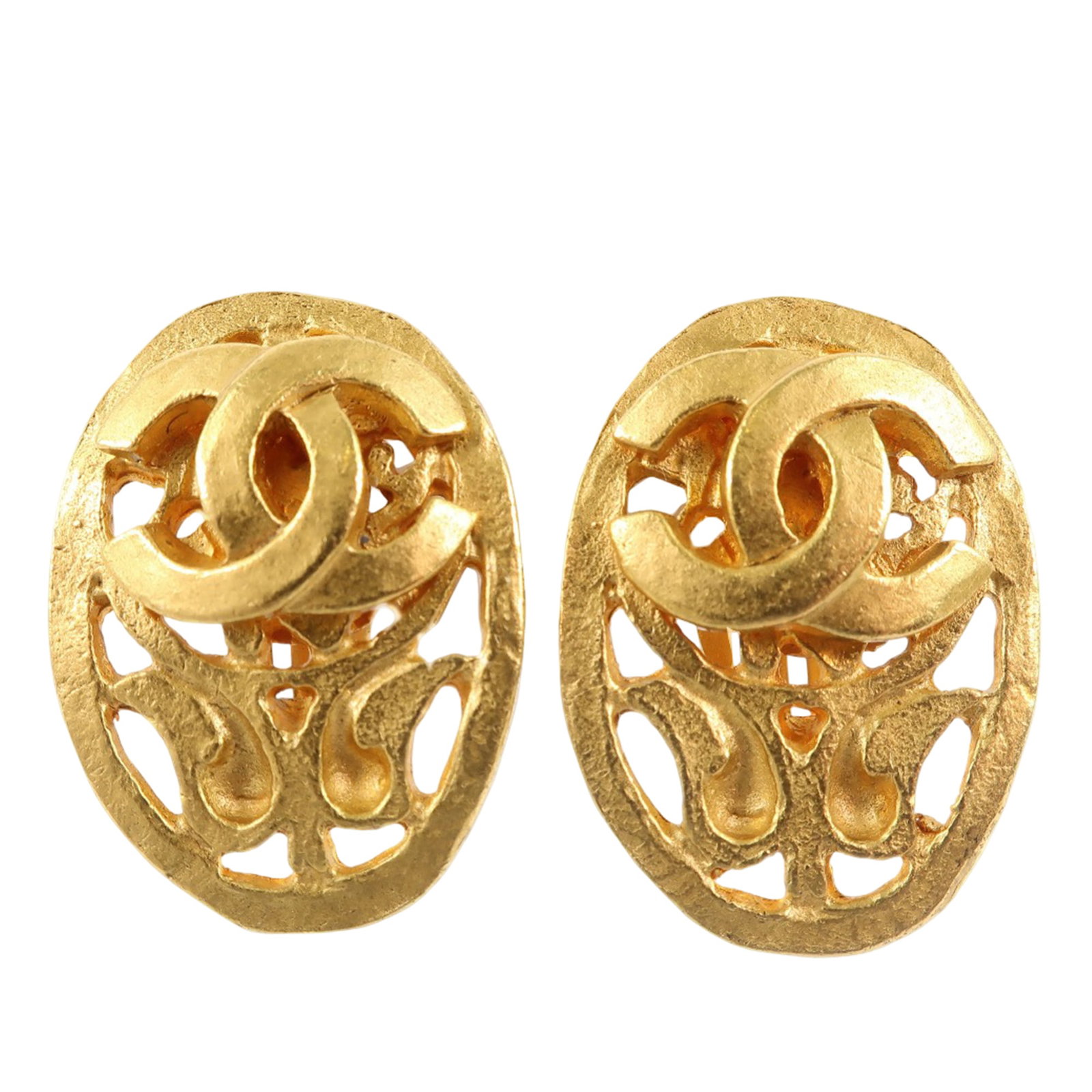 Chanel Oval Clip On Earrings with Gold Plated Finish: Chanel Oval Clip On Earrings with Gold Plated Finish These Chanel CC gold plated oval clip-on earrings feature a gold plated metal body with back clip-on closures. Originating from France, these costu