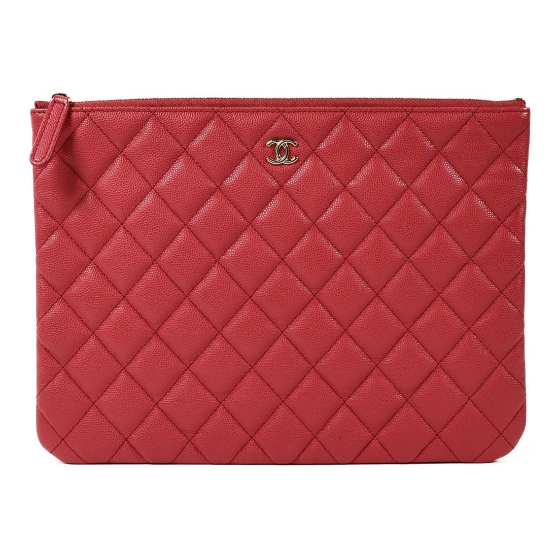 CHANEL CC red calfskin clutch pouch with GHW: CHANEL CC red calfskin clutch pouch with GHW A CHANEL CC GHW pouch clutch bag in red calfskin leather. It features a regular size, red frame color, and comes with a hologram sticker. The bag is in AB 
