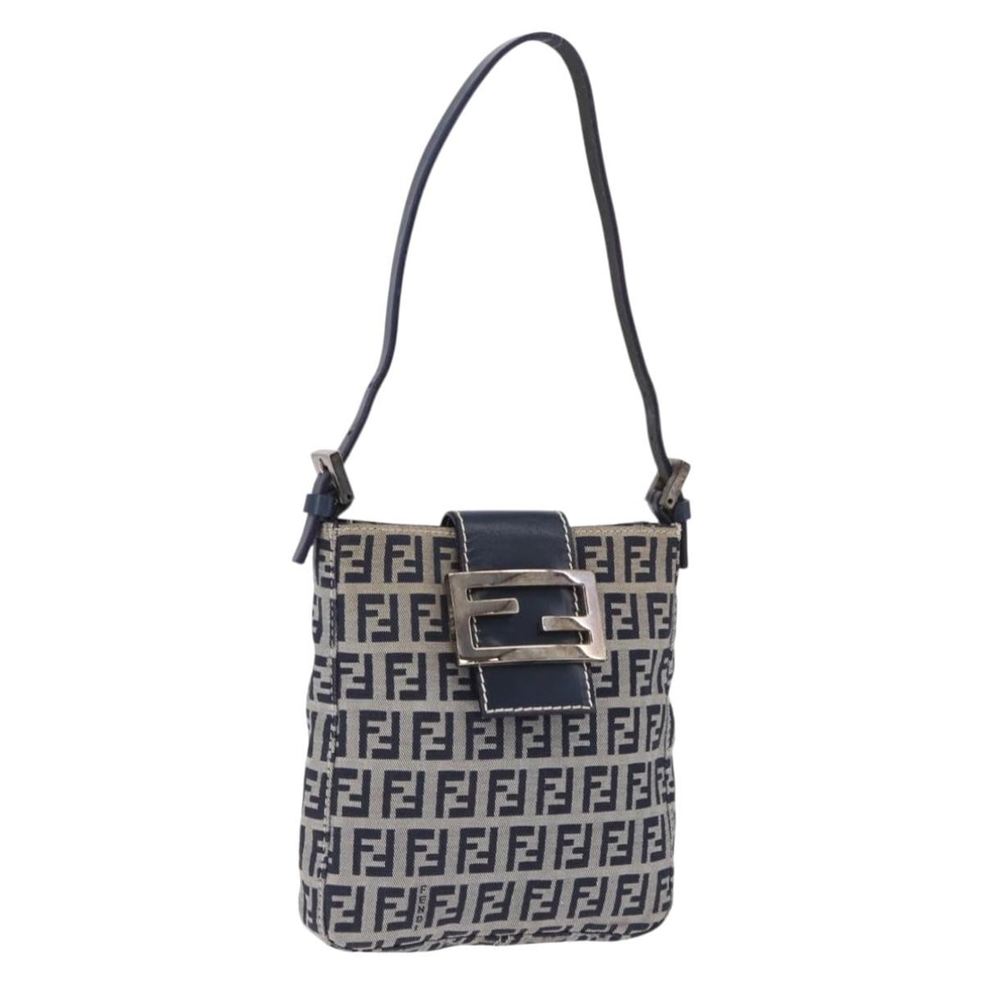 FENDI Mamma Baguette hand pouch in navy Zucchino canvas: FENDI Mamma Baguette hand pouch in navy Zucchino canvas Compact Fendi hand bag in navy and silver Zucchino canvas with a Mamma Baguette-style pouch silhouette. This women's bag is made in Italy and in