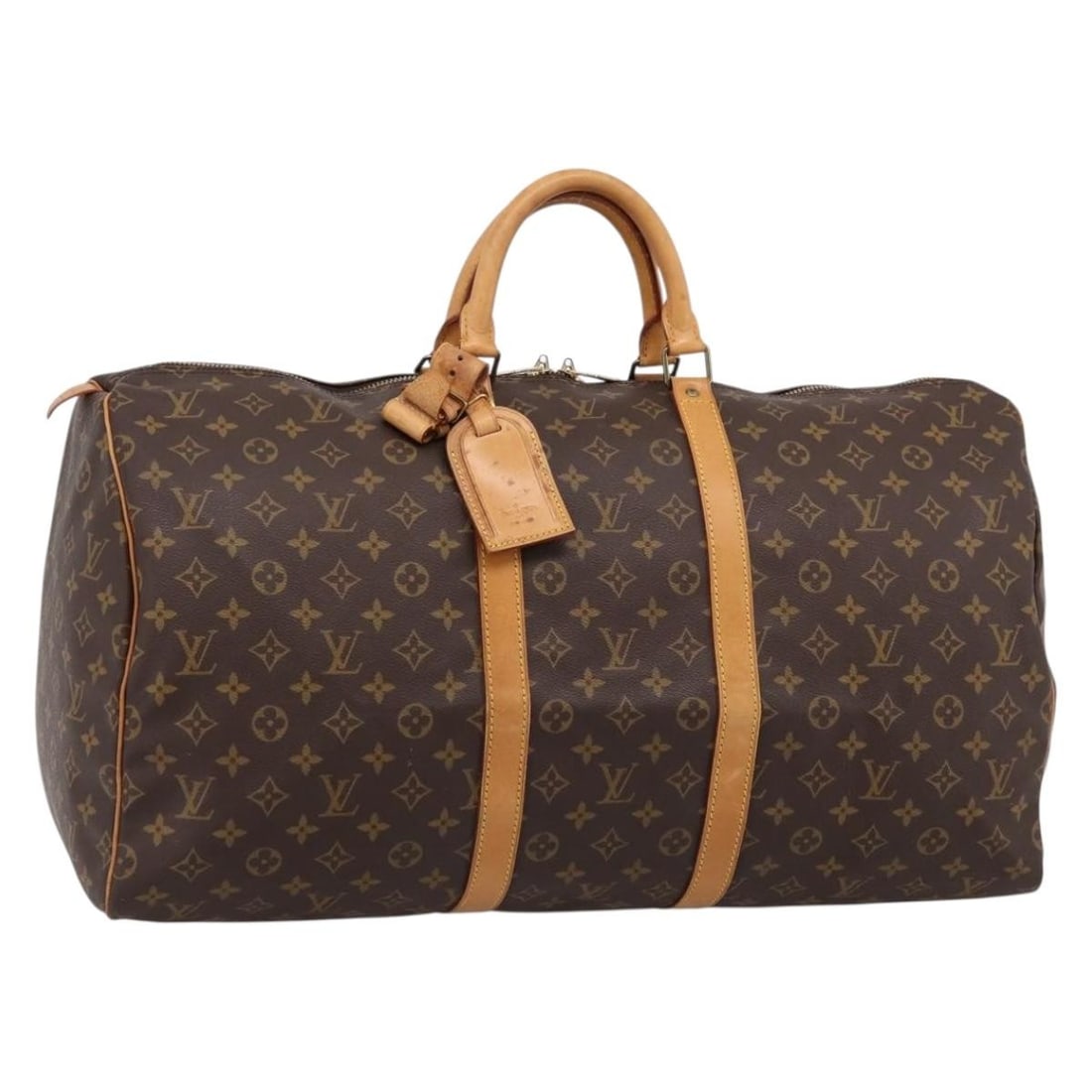 Louis Vuitton M41424 Keepall 55 Monogram Canvas Boston Bag: Louis Vuitton M41424 Keepall 55 Monogram Canvas Boston Bag Louis Vuitton Keepall 55 Boston bag in Monogram canvas, model M41424, made in France. Includes a name tag and Powanie. This heavily used bag 