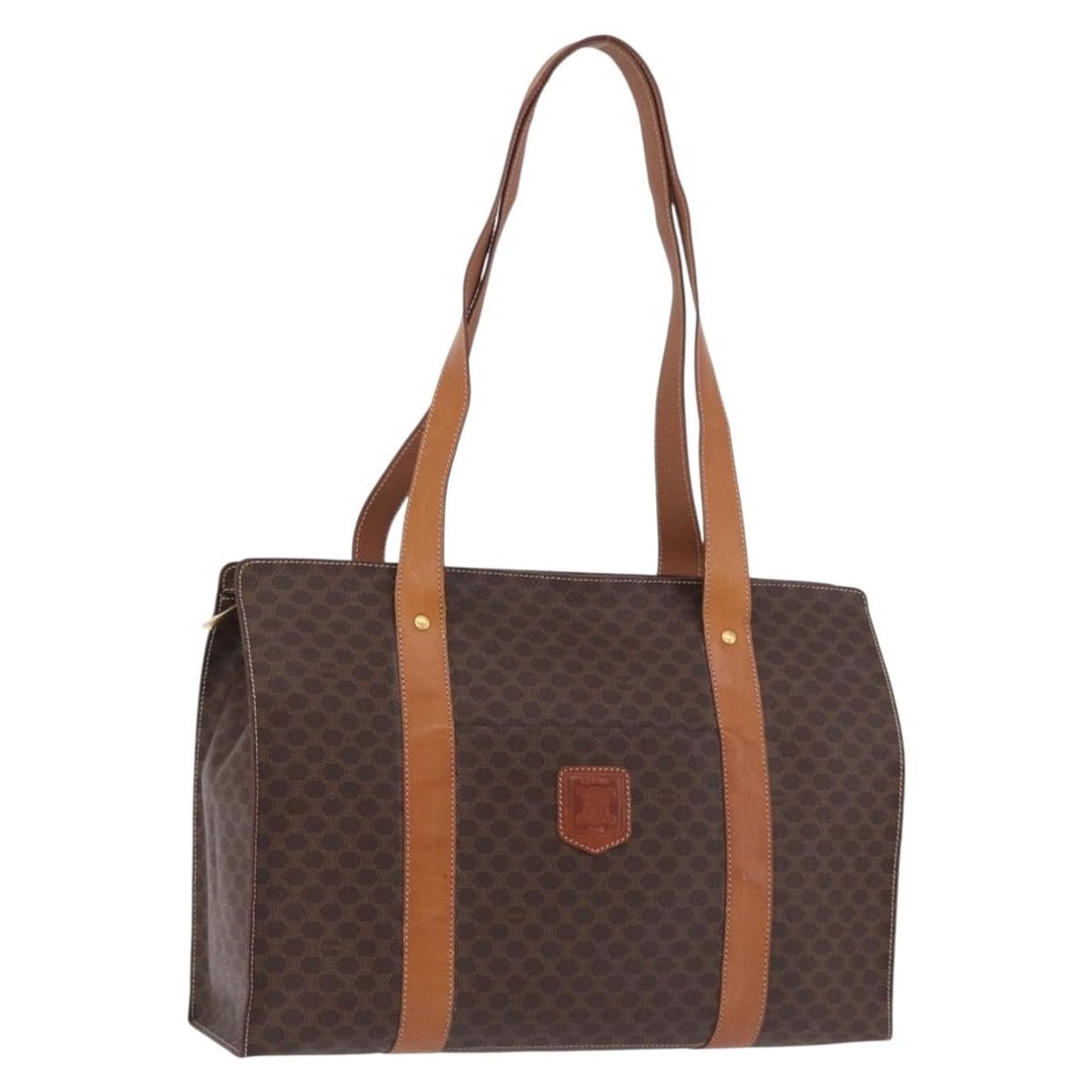CELINE Macadam Shoulder Bag Brown PVC Leather Gold Tone: CELINE Macadam Shoulder Bag Brown PVC Leather Gold Tone Authentic CELINE Macadam canvas shoulder bag crafted with PVC leather in a brown and gold colorway. This women's shoulder bag is made in Italy a