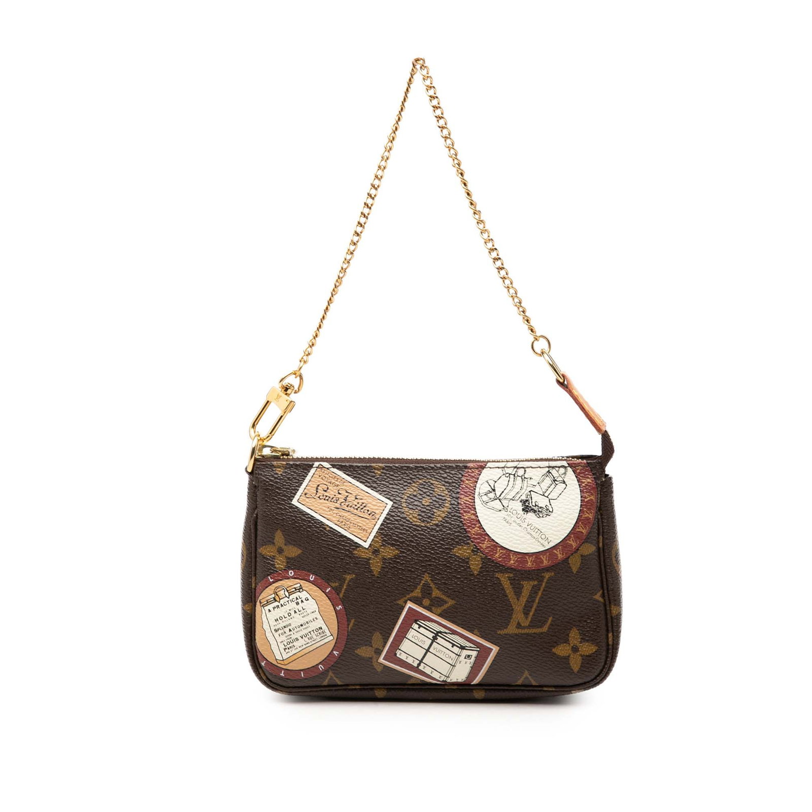 Louis Vuitton Monogram Patch Mini Pochette Bag: Louis Vuitton Monogram Patch Mini Pochette Bag Louis Vuitton Monogram Patch Mini Pochette Accessoires in brown printed monogram canvas with a chain link strap and top zip closure. Made in France. Cond