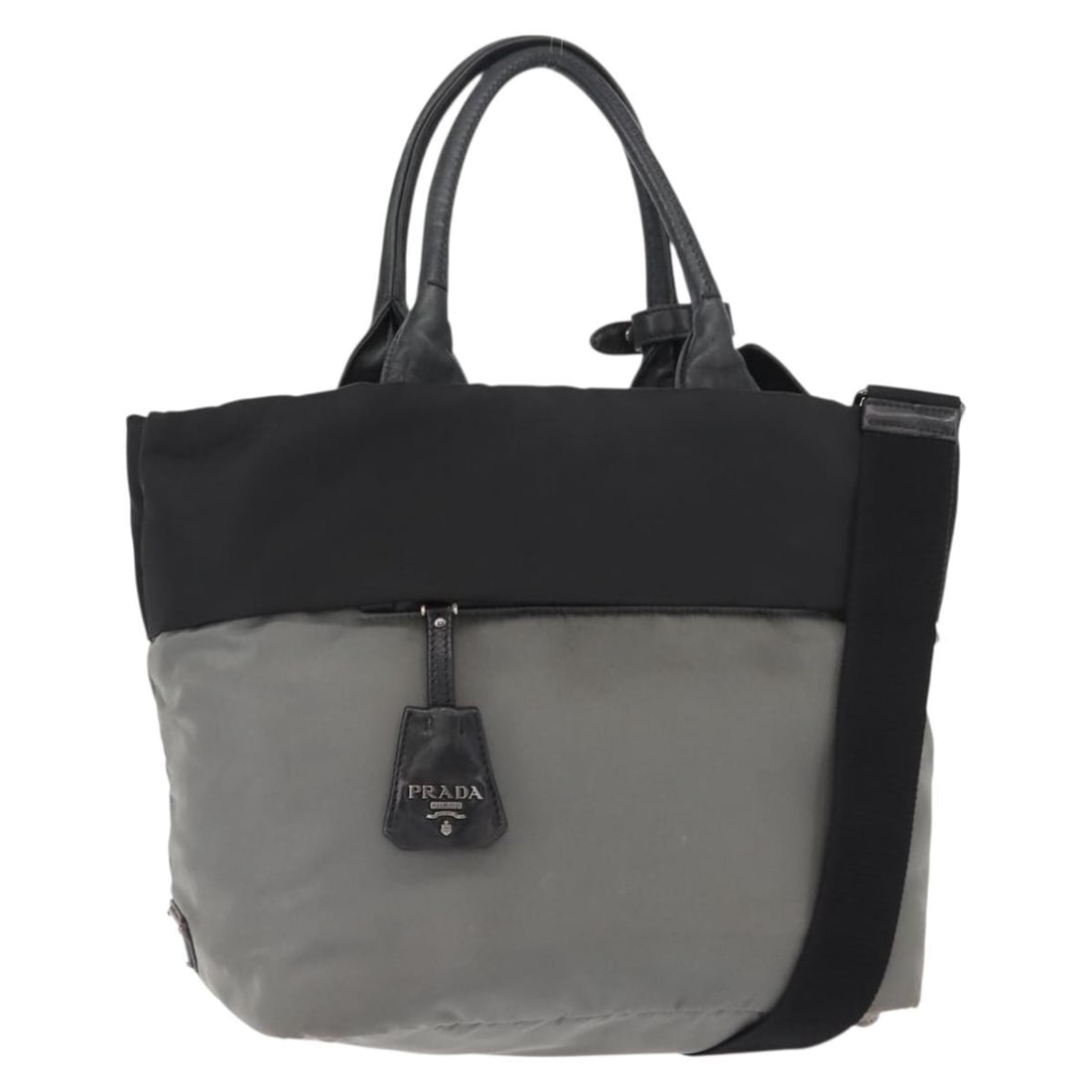 Prada 2way Nylon Hand Bag Black Gray with Shoulder Strap: Prada 2way Nylon Hand Bag Black Gray with Shoulder Strap Authentic Prada 2-way handbag in black and gray nylon with dual carry options. Made in Italy, this women's bag includes a shoulder strap and gu