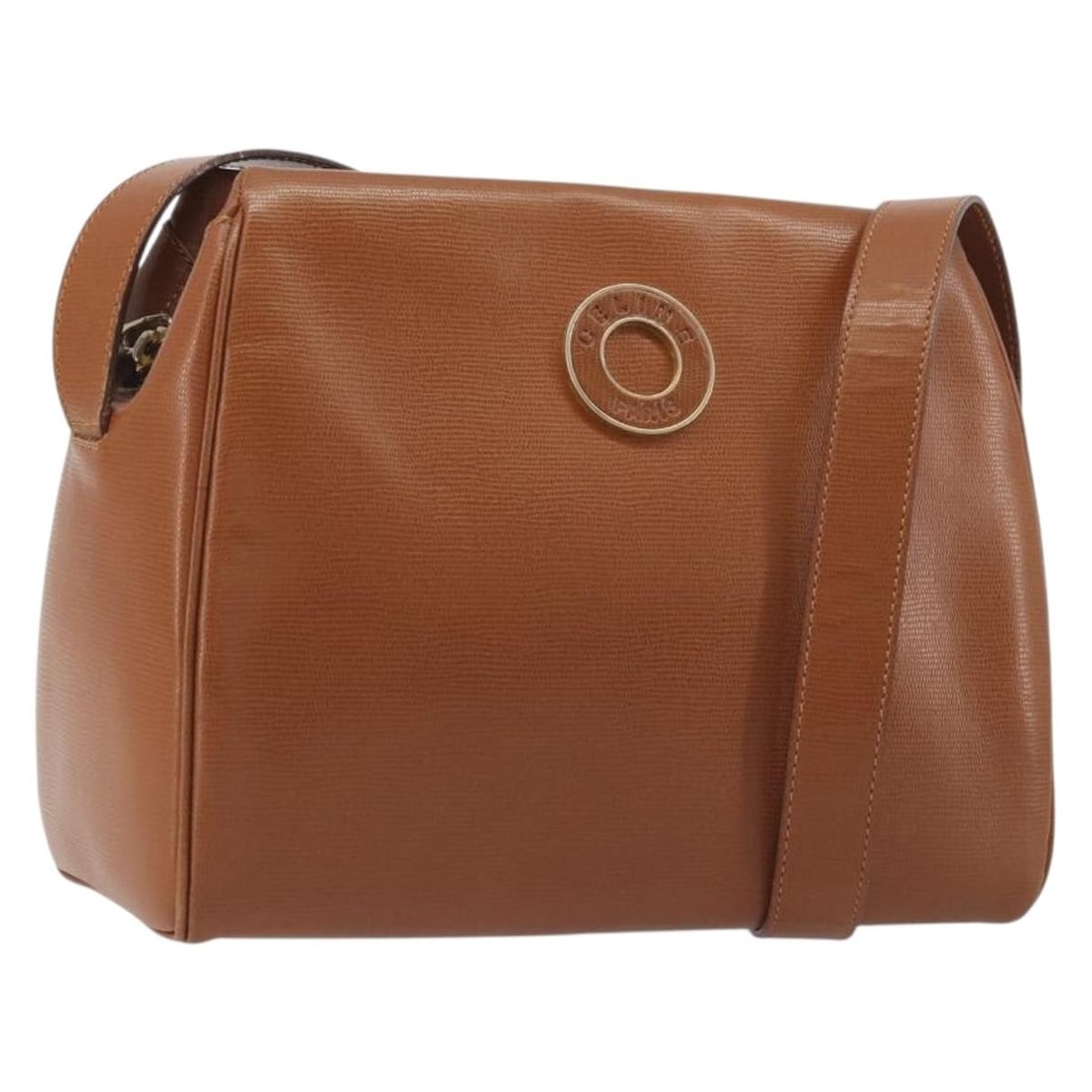 CELINE leather shoulder bag in brown with gold tone hardware: CELINE leather shoulder bag in brown with gold tone hardware Celine circle shoulder bag in brown leather with gold-tone accents. This women's shoulder bag is made in Italy and shows heavy use, includi