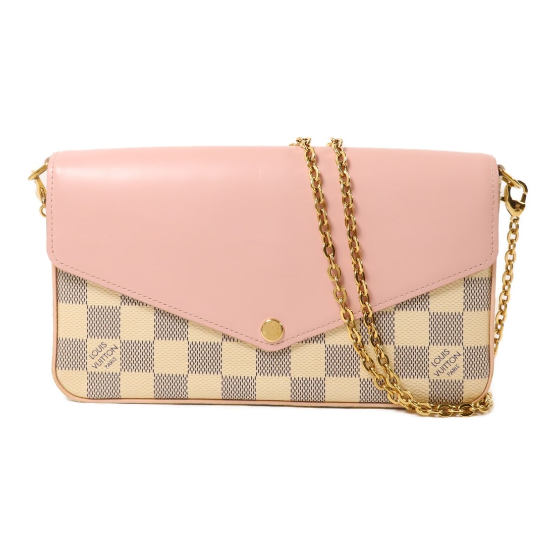 Louis Vuitton Felicie Pochette N60235 chain shoulder bag Damier Azur: Louis Vuitton Felicie Pochette N60235 chain shoulder bag Damier Azur Louis Vuitton Felicie Pochette chain shoulder bag in Damier Azur PVC coated canvas with a pink and white colorway. This women's sho