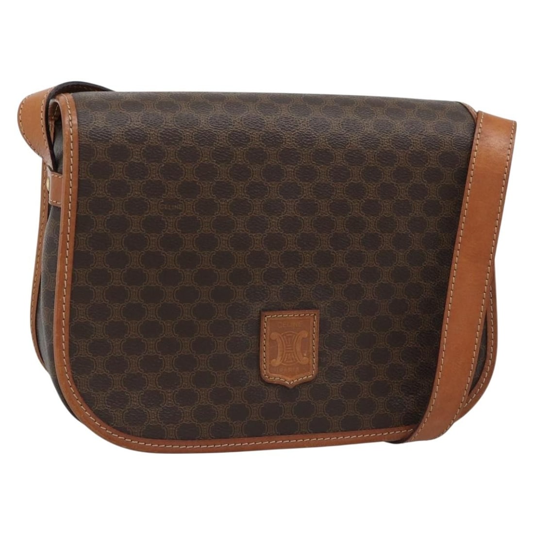 CELINE Macadam Shoulder Bag Brown PVC Leather Gold Tone: CELINE Macadam Shoulder Bag Brown PVC Leather Gold Tone Celine shoulder bag in brown Macadam canvas with PVC leather trim and gold-tone accents. Made in France, this women's bag has a structured shoul