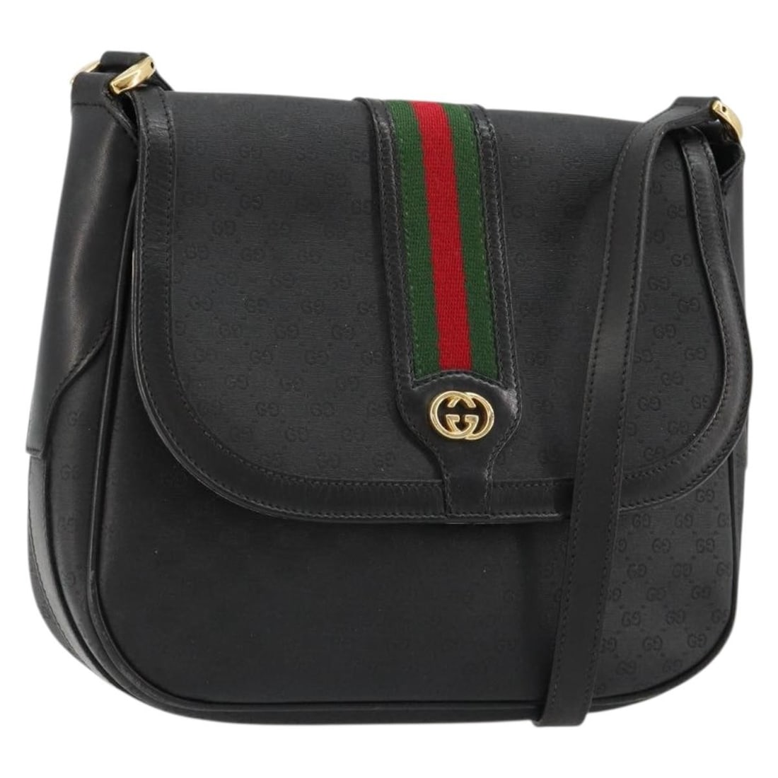 GUCCI 001 115 0914 Shoulder Bag Black PVC Leather Micro GG Web Sherry: GUCCI 001 115 0914 Shoulder Bag Black PVC Leather Micro GG Web Sherry Vintage Gucci Micro GG Supreme Web Sherry Line shoulder bag in black PVC leather with gold-tone accents. This women's bag is made 