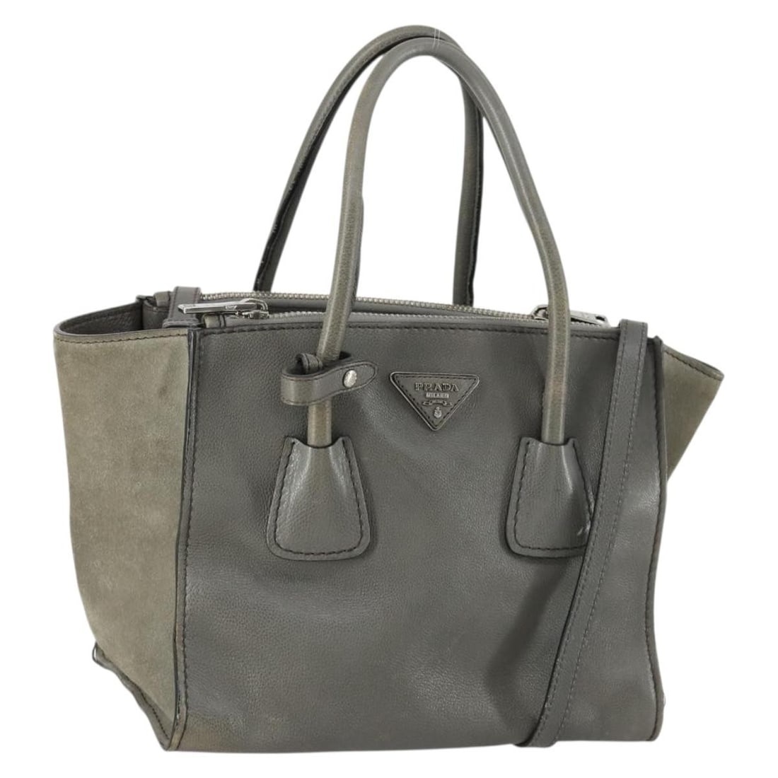 PRADA BA8646 gray suede 2way studded handbag silver tone: PRADA BA8646 gray suede 2way studded handbag silver tone Prada suede 2-way handbag in gray and silver, made in Spain. This women's bag features dual carrying options with top handles and a shoulder st