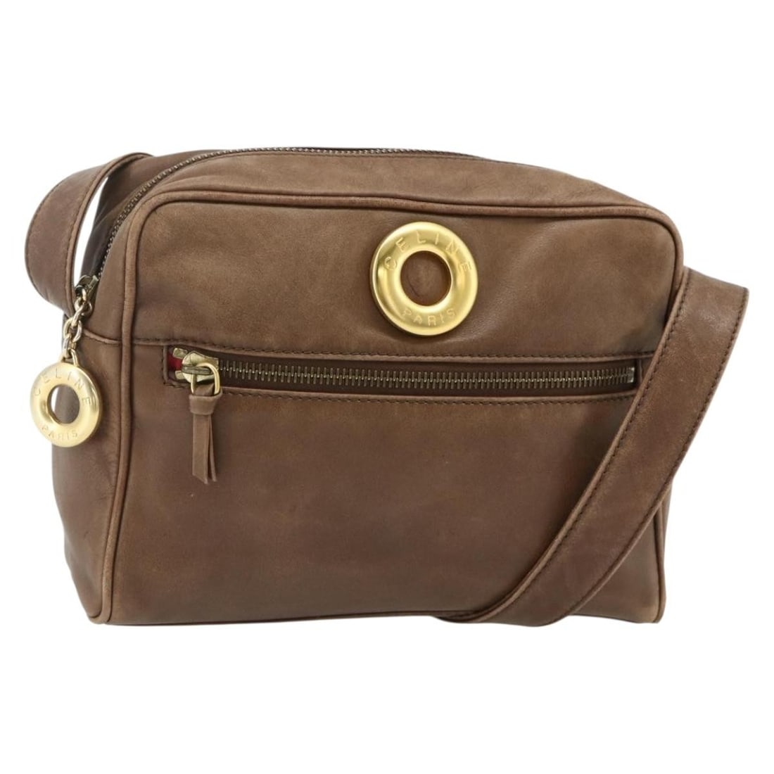 CELINE leather shoulder bag brown with gold tone hardware: CELINE leather shoulder bag brown with gold tone hardware Authentic CELINE circle shoulder bag in brown leather with gold-tone accents. Made in Italy, this women's shoulder bag is offered without the 