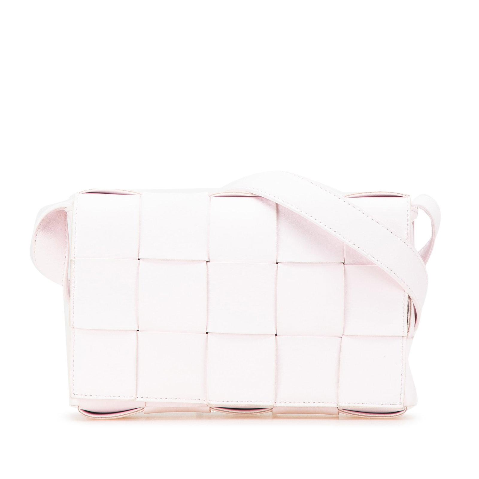 Bottega Veneta Pink Nappa Intrecciato Cassette Crossbody Bag: Bottega Veneta Pink Nappa Intrecciato Cassette Crossbody Bag The Bottega Veneta Nappa Intrecciato Cassette Crossbody is a chic and stylish accessory crafted from woven nappa leather. This elegant bag 