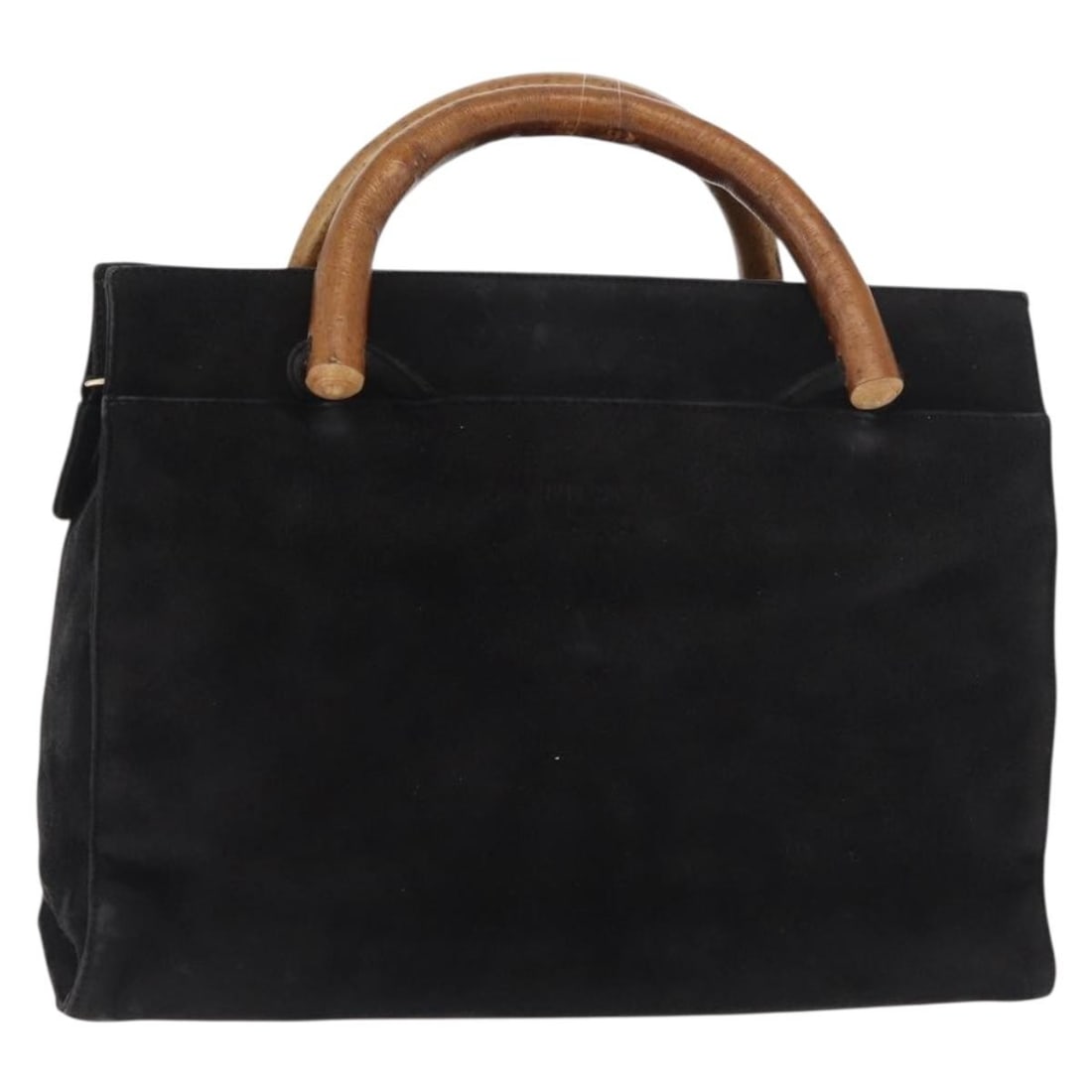 Prada suede handbag with wood handle black and gold: Prada suede handbag with wood handle black and gold Prada women's suede handbag in black with gold-tone accents and wood handles. Made in Italy, this handbag shows heavy use with visible shape loss, r