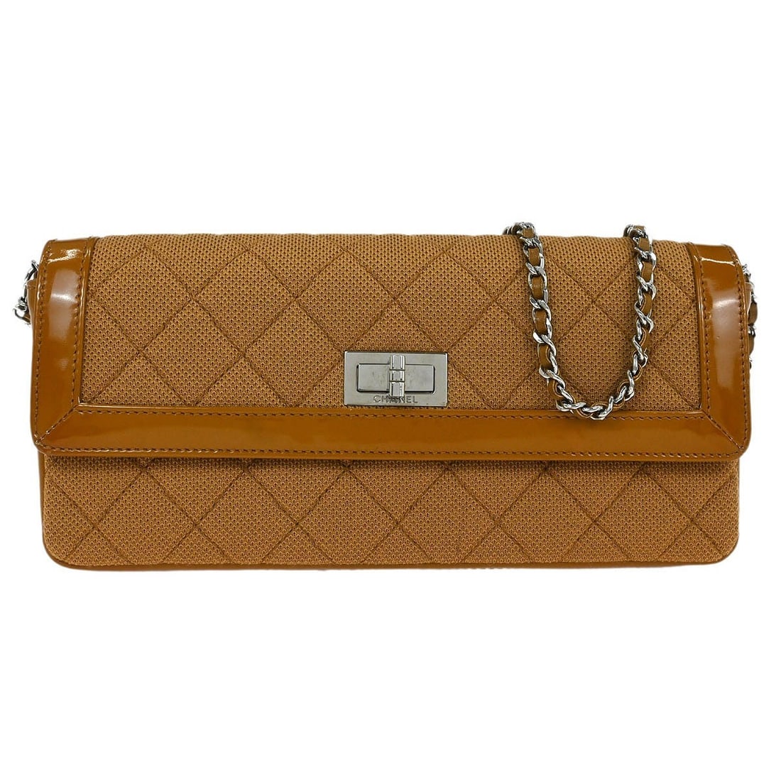 CHANEL Chocolate Bar Single Chain Shoulder Bag Brown Cotton Patent Leather: CHANEL Chocolate Bar Single Chain Shoulder Bag Brown Cotton Patent Leather Chanel East West Mademoiselle Lock shoulder bag in brown cotton with patent leather trim. This medium shoulder bag features a