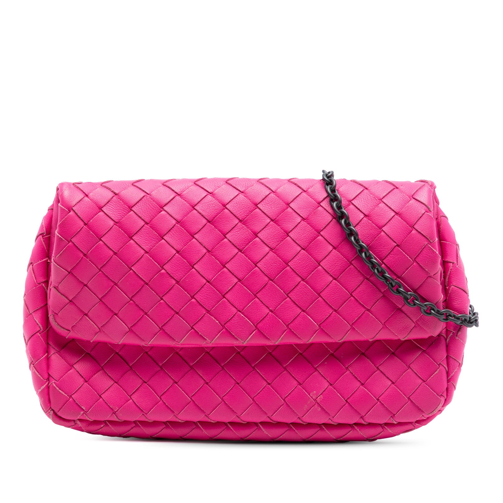 Bottega Veneta pink woven leather chain flap crossbody: Bottega Veneta pink woven leather chain flap crossbody This Bottega Veneta Mini Nappa Intrecciato Expandable Chain Flap Crossbody bag features the brand's signature woven leather design in pink. It is