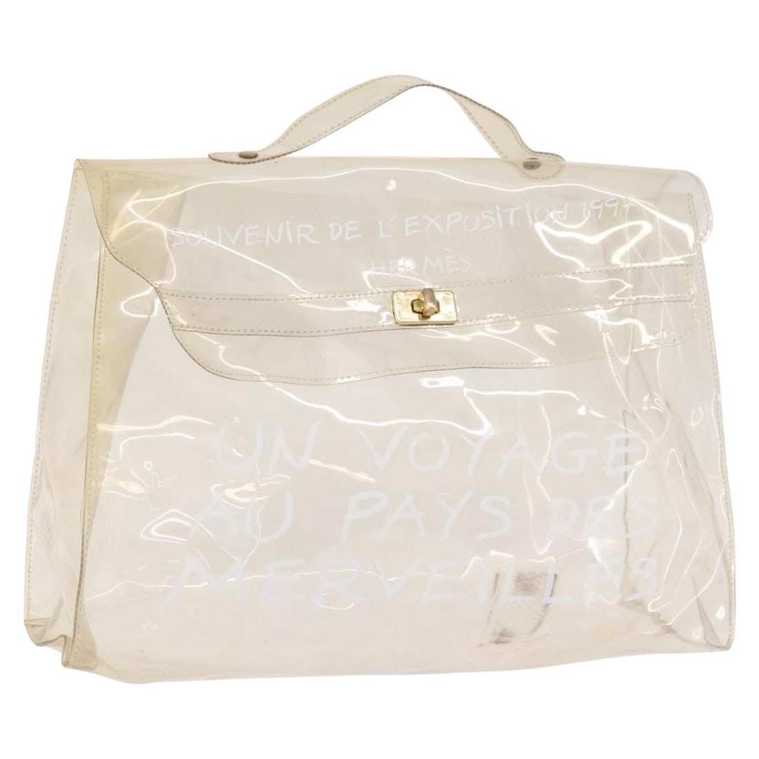 Hermes Kelly Clear Gold Vinyl Hand Bag: Hermes Kelly Clear Gold Vinyl Hand Bag Clear and gold vinyl hand bag from Hermes, designed for women and made in France. The bag measures approximately 15.7 x 11.4 x 4.3 inches with a handle drop of a