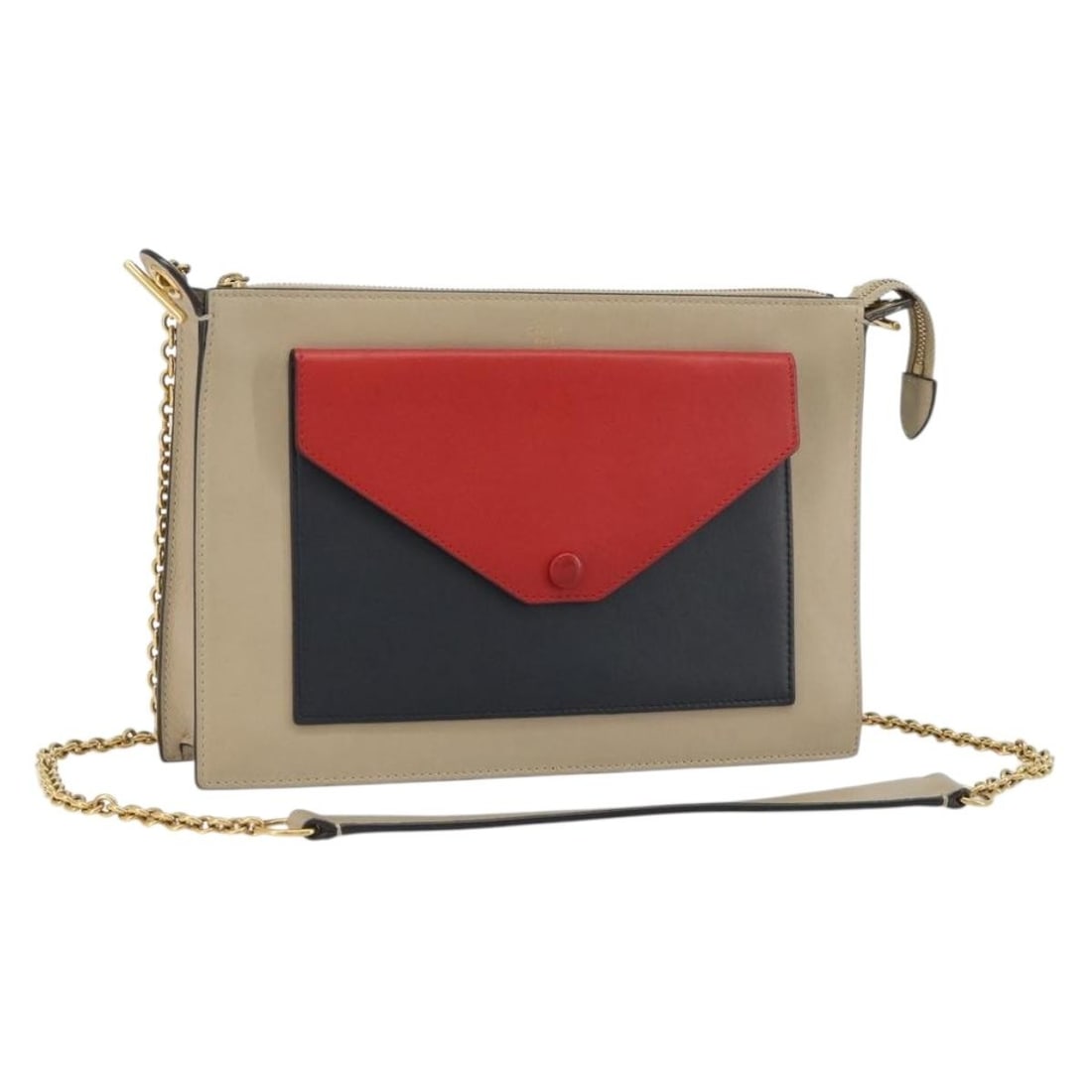 CELINE Leather Shoulder Bag Beige with Gold Chain Made in Italy: CELINE Leather Shoulder Bag Beige with Gold Chain Made in Italy A CELINE shoulder bag crafted in leather with a beige and gold color combination. Made in Italy, it features a shoulder strap drop of ap