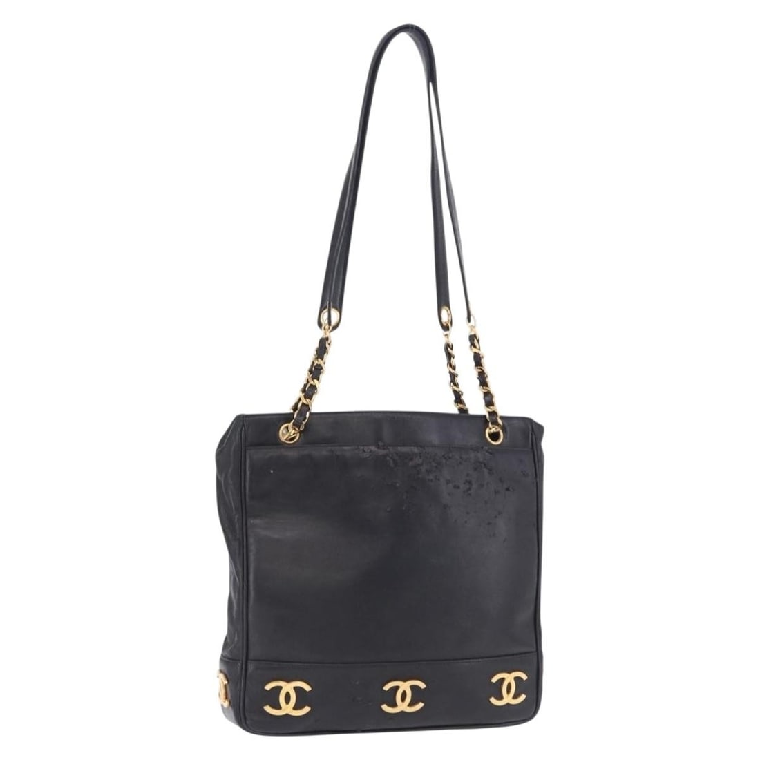 CHANEL Leather Tote Bag Black with Gold Tone Chain Straps: CHANEL Leather Tote Bag Black with Gold Tone Chain Straps Authentic CHANEL triple Coco chain shoulder tote bag in black leather with gold-tone accents. This women's tote is made in Italy and features 
