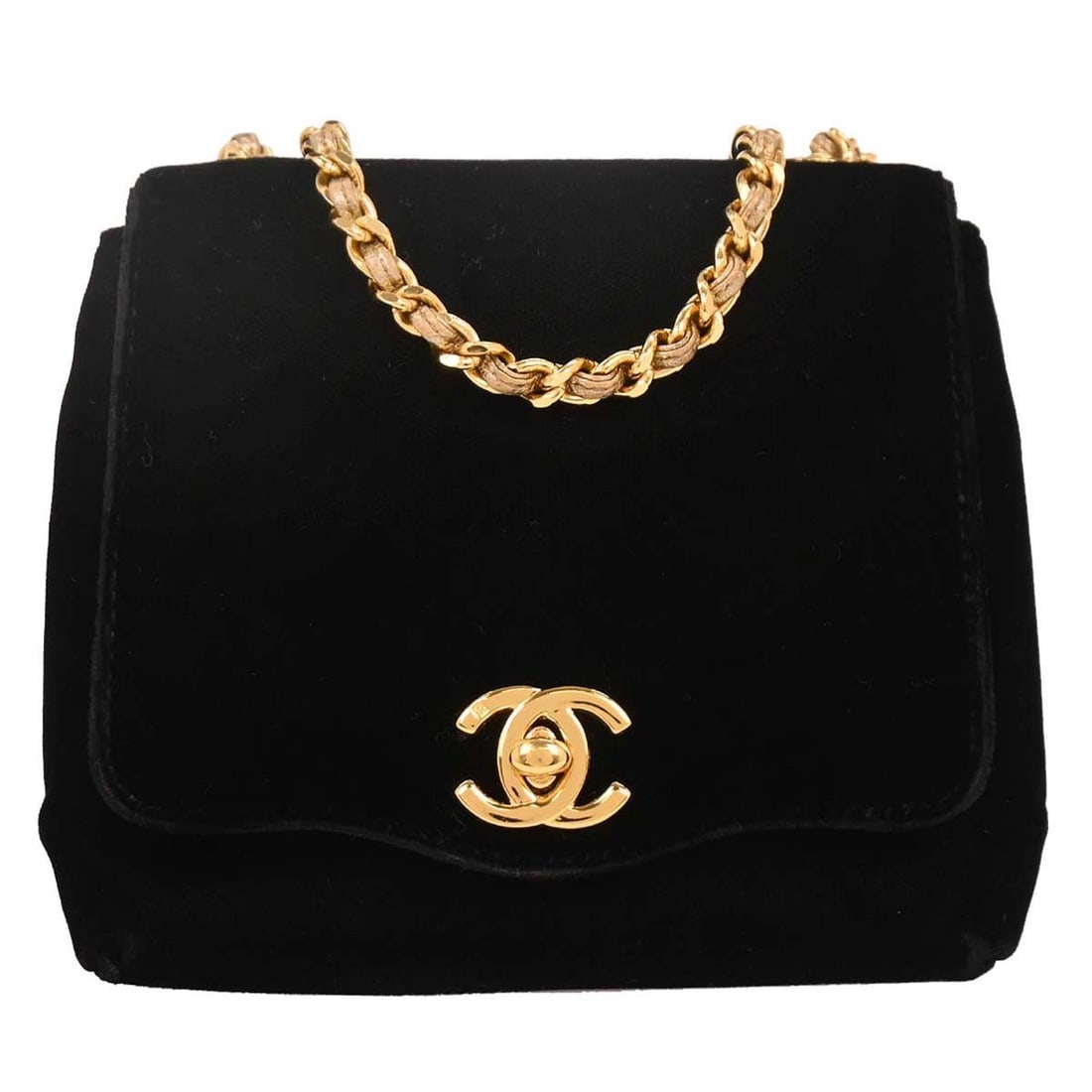 CHANEL Single Chain Shoulder Bag Black Velvet Small Turn Lock: CHANEL Single Chain Shoulder Bag Black Velvet Small Turn Lock Small Chanel shoulder bag in black leather velvet with a turn-lock closure and single chain shoulder strap. The bag is made in Italy and f