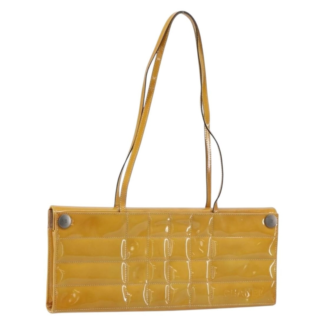CHANEL Choco Bar Yellow Enamel Shoulder Bag CC 152372: CHANEL Choco Bar Yellow Enamel Shoulder Bag CC 152372 Chanel Choco Bar shoulder bag in yellow enamel with a structured, compact silhouette and signature CC detailing. Made in France, this women's shou