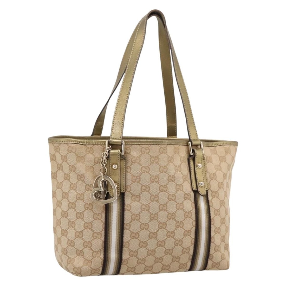 Gucci 137396 GG Canvas Handbag Beige Gold with Charm: Gucci 137396 GG Canvas Handbag Beige Gold with Charm Gucci Sherry Line handbag in beige and gold GG canvas with charm accessory. Made in Italy, this women's handbag shows heavy use with loss of shape,