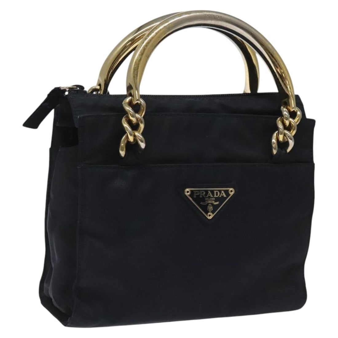 Prada navy nylon women hand bag Italy 7.9 x 5.9 x 2.4 inch: Prada navy nylon women hand bag Italy 7.9 x 5.9 x 2.4 inch This PRADA handbag features a navy and gold nylon exterior, offering a stylish and functional accessory for women. Made in Italy, the bag has