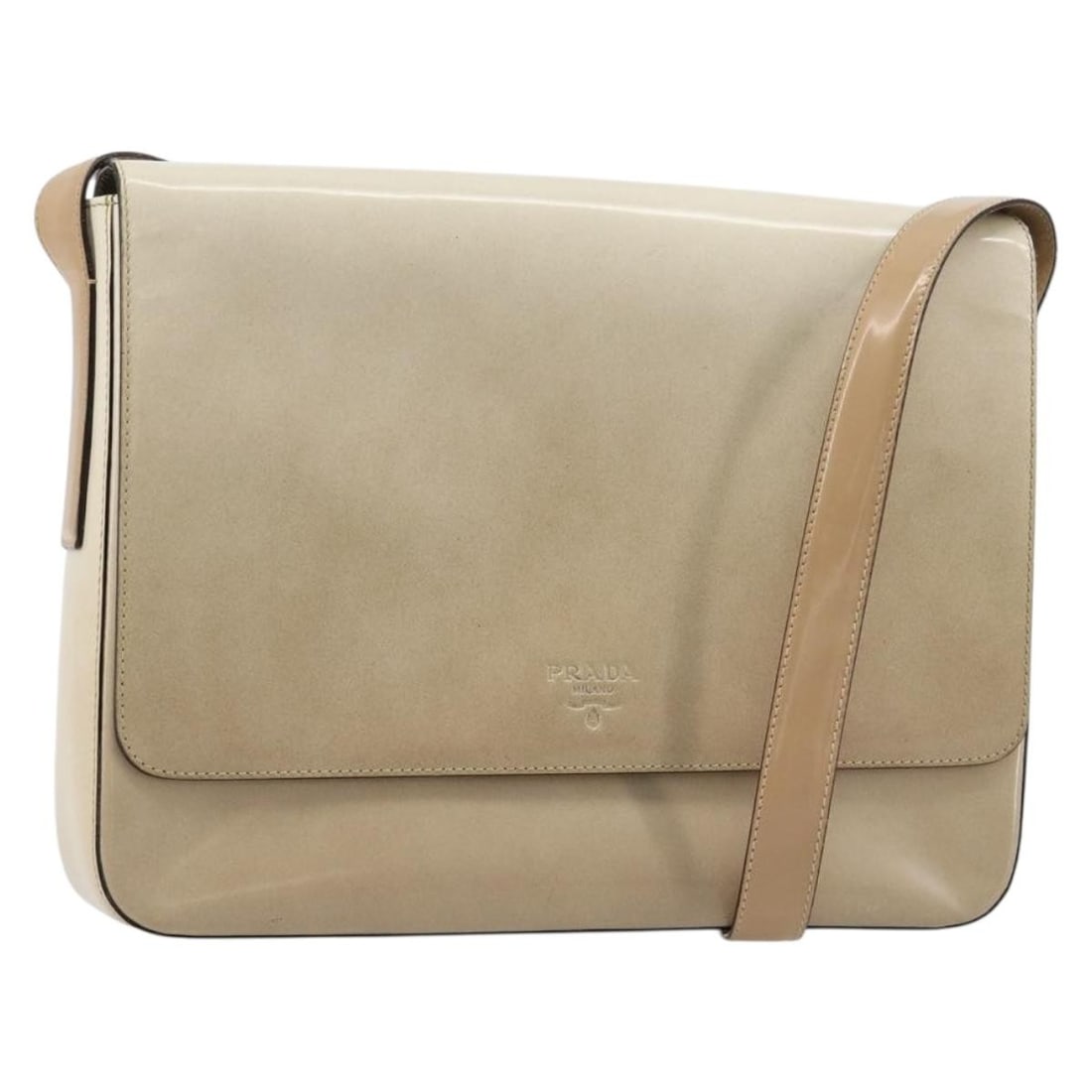 PRADA Patent Leather Shoulder Bag Beige Silver Womens: PRADA Patent Leather Shoulder Bag Beige Silver Womens This PRADA shoulder bag is crafted from patent leather in beige and silver. It is made in Italy and measures approximately 26 cm wide, 19 cm high,