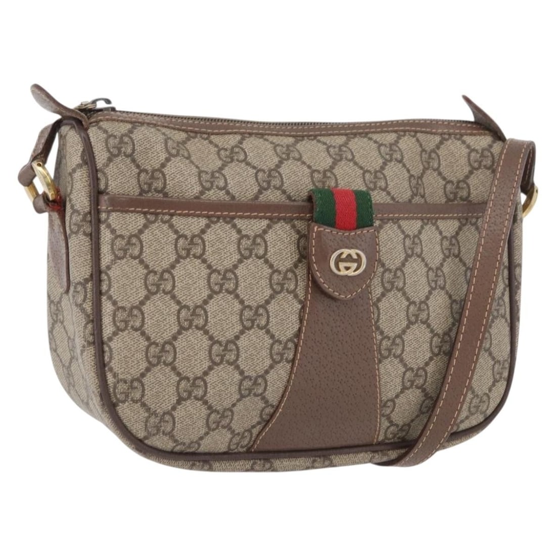 Gucci 001 754 6177 GG Supreme PVC Shoulder Bag Beige Gold: Gucci 001 754 6177 GG Supreme PVC Shoulder Bag Beige Gold Gucci GG Supreme Web Sherry Line shoulder bag in beige and gold PVC leather with GG canvas. Made in Italy, this women's bag features an adjust