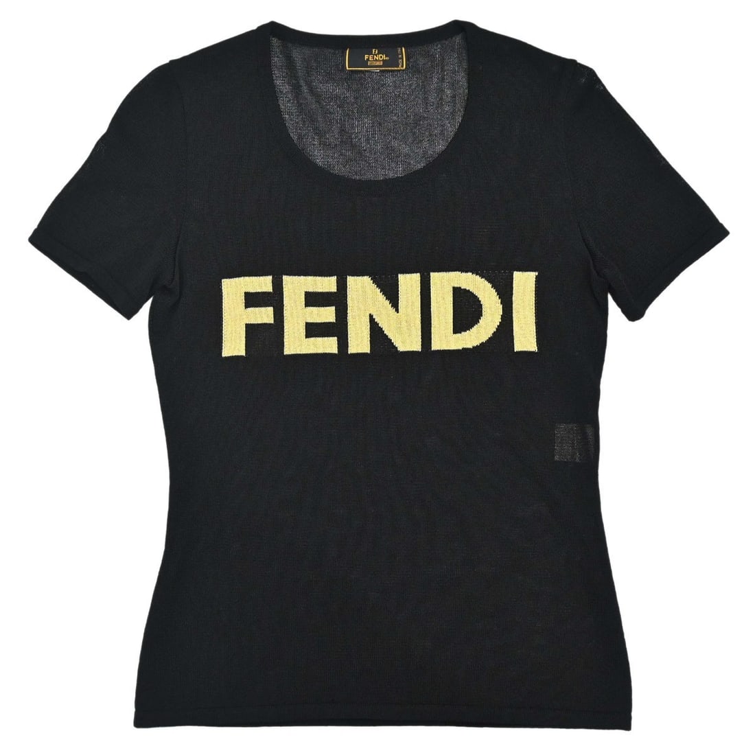 FENDI black mesh logo tee womens short sleeve top: FENDI black mesh logo tee womens short sleeve top Black Fendi mesh top designed as a women's short-sleeve T-shirt with a round neckline, regular fit, and logo accent. Made in Italy, this casual style 