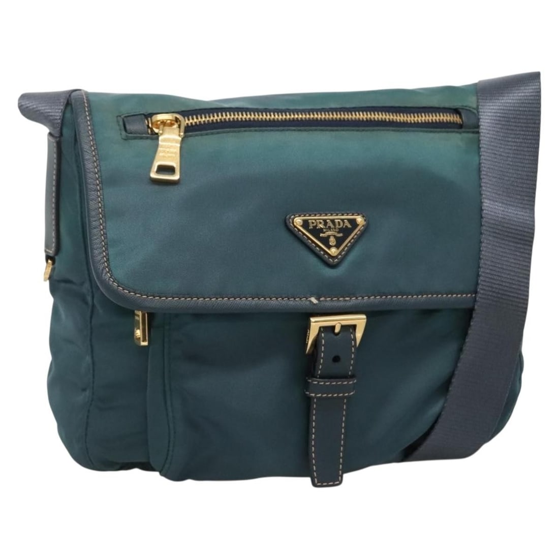 Prada green nylon shoulder bag Italy gold tone accents: Prada green nylon shoulder bag Italy gold tone accents This PRADA shoulder bag is crafted from durable nylon in a green and gold color combination. Designed for women, it features a spacious main comp