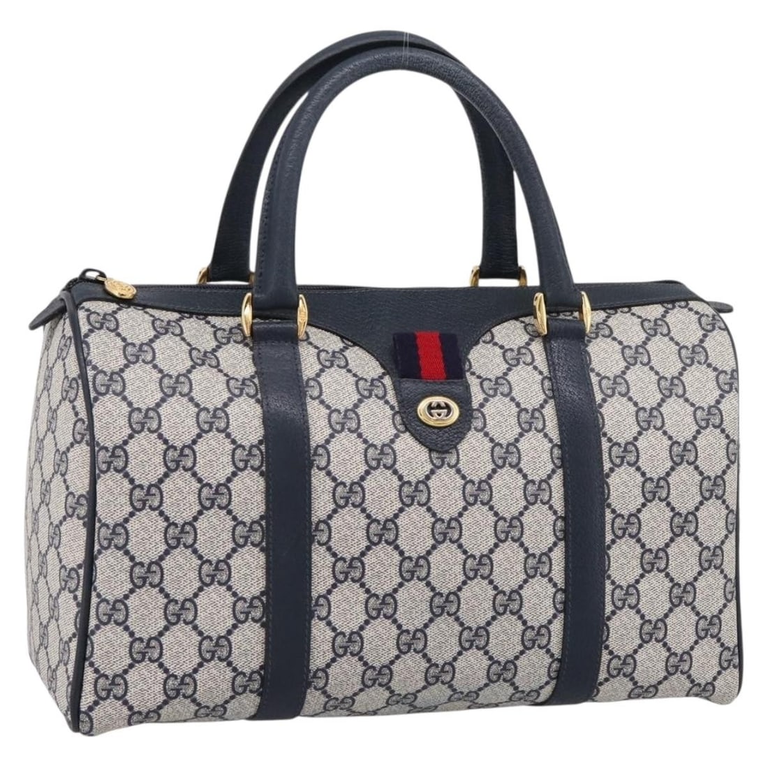 Gucci 40 02 007 Sherry Line Boston Bag Navy PVC Leather: Gucci 40 02 007 Sherry Line Boston Bag Navy PVC Leather Gucci GG Supreme Sherry Line Boston bag in navy PVC leather with gold-tone accents. This women's bag is made in Italy and features the classic B