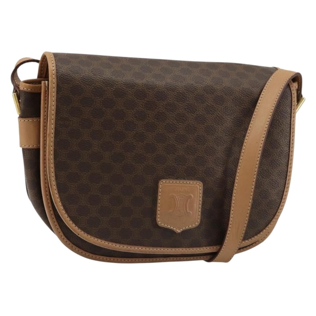 CELINE Macadam Canvas PVC Leather Shoulder Bag Brown Gold: CELINE Macadam Canvas PVC Leather Shoulder Bag Brown Gold Celine Macadam canvas shoulder bag in brown with gold-tone accents, crafted with PVC leather trim. Made in Italy, this women's shoulder bag in