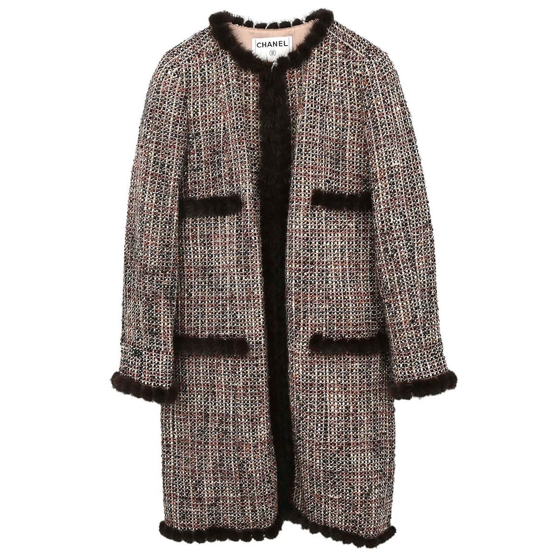 CHANEL Brown Long Overcoat FR 34 Wool Blend Vintage: CHANEL Brown Long Overcoat FR 34 Wool Blend Vintage Vintage Chanel long sleeve tweed overcoat in brown with logo accents. This women's coat is made in France and features a regular fit with four exter