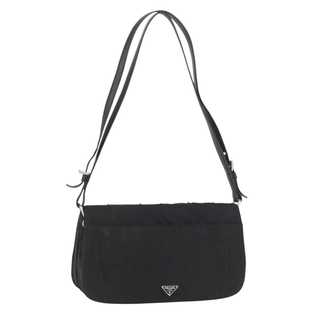 Prada Nylon Shoulder Bag Black with Silver Tone Hardware Made in Italy: Prada Nylon Shoulder Bag Black with Silver Tone Hardware Made in Italy Authentic Prada shoulder bag in black nylon with silver-tone accents. This women's bag features a compact shoulder silhouette and
