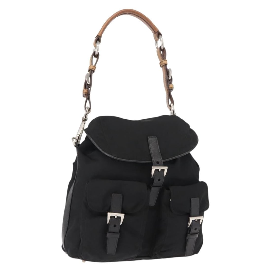 Prada black nylon women shoulder bag with guarantee card: Prada black nylon women shoulder bag with guarantee card This PRADA shoulder bag is crafted from black nylon with silver-tone accents, offering a sleek and versatile design. The bag features a spaciou