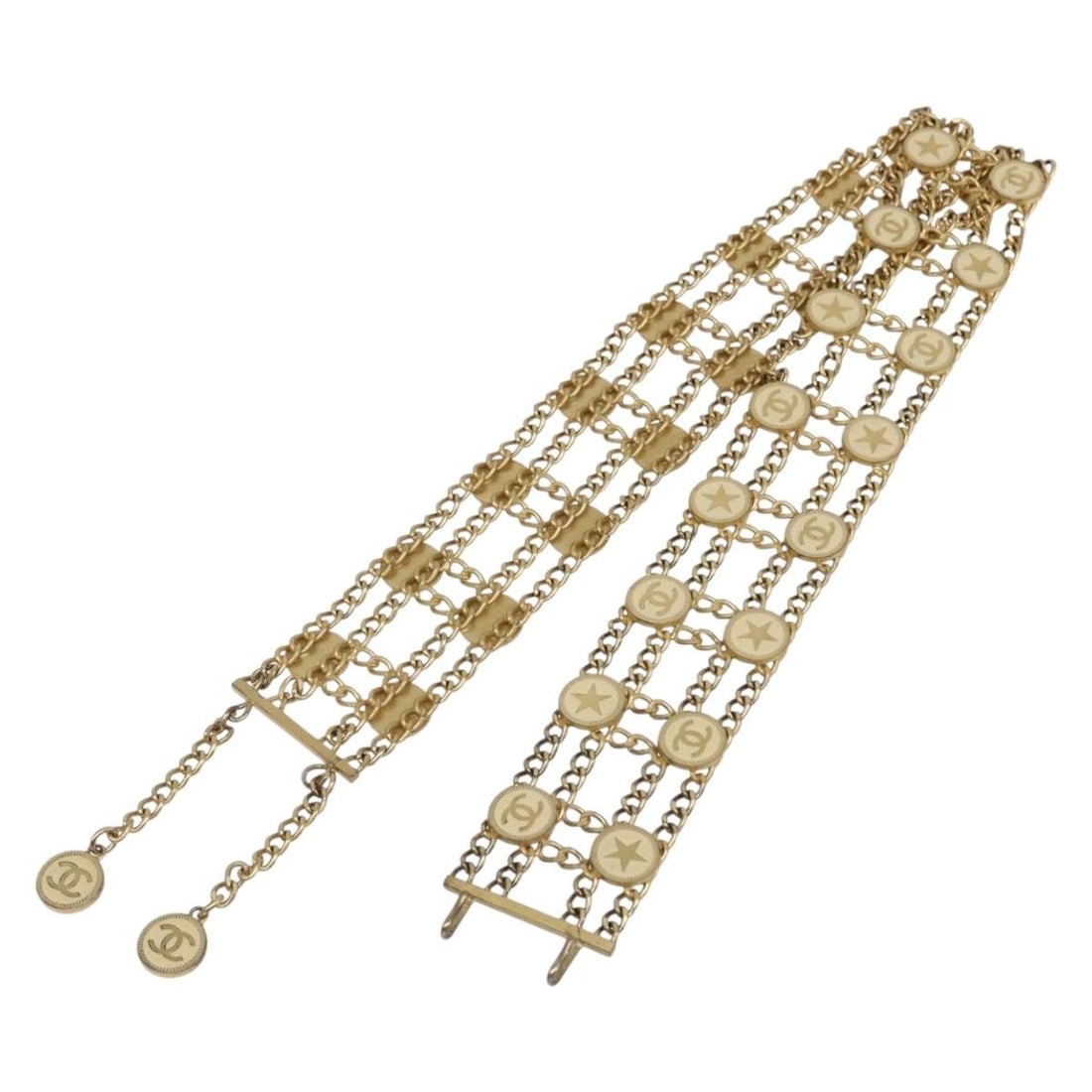 CHANEL CC Gold Metal Chain Belt with Box: CHANEL CC Gold Metal Chain Belt with Box Authentic CHANEL chain belt in gold-tone metal with the iconic CC motif. Made in France, this women's belt includes the item box. Condition is AB/very good, sh
