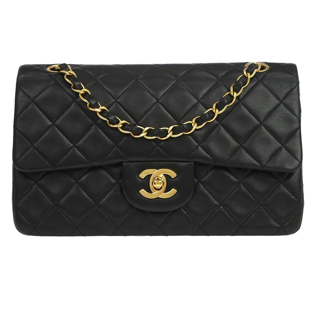 CHANEL Classic Double Flap Small Shoulder Bag Black Lambskin: CHANEL Classic Double Flap Small Shoulder Bag Black Lambskin Chanel Small Classic Double Flap shoulder bag in black lambskin with matelasse quilting and a flap turnlock closure. This women's shoulder 
