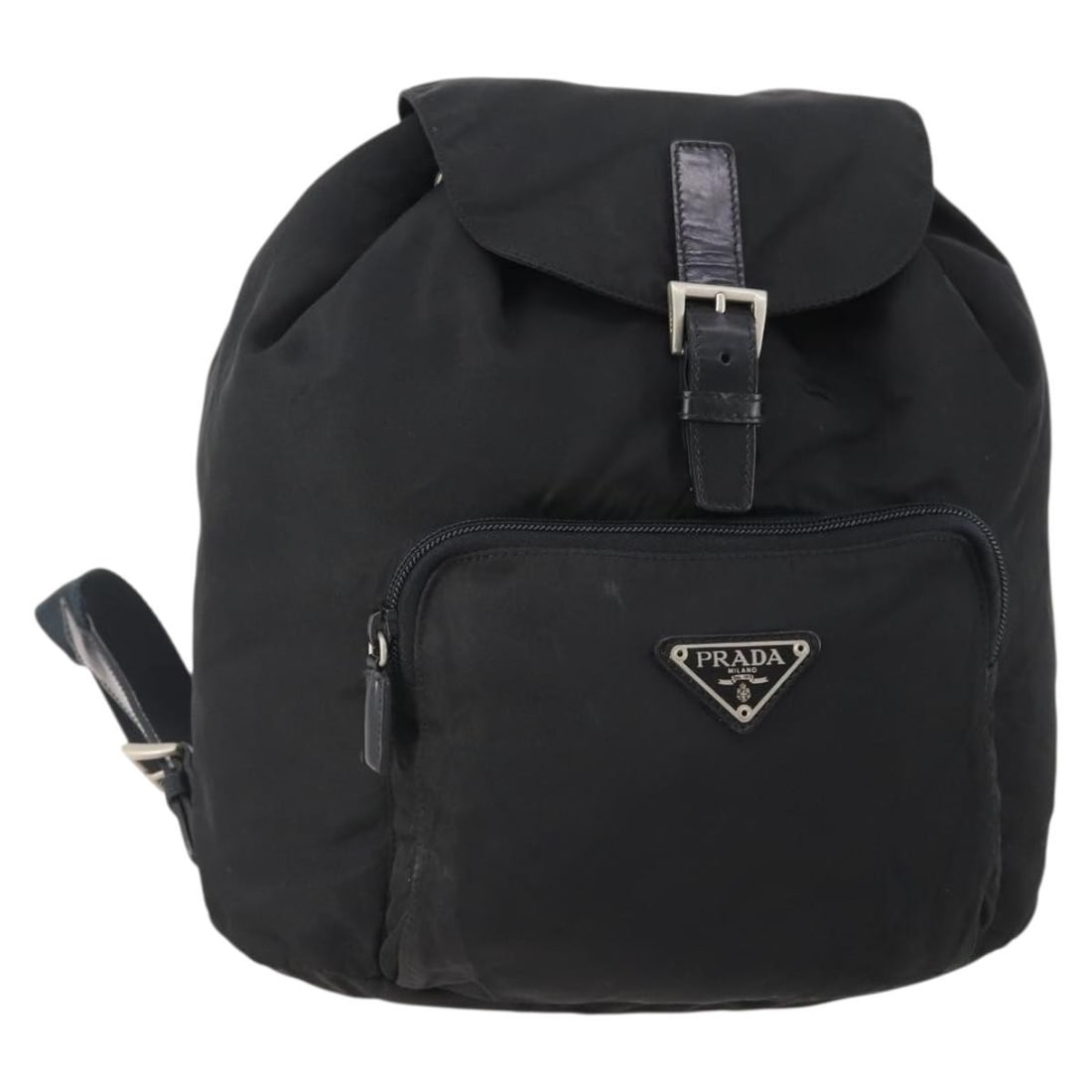 PRADA Black Nylon Backpack Silver Tone Italy: PRADA Black Nylon Backpack Silver Tone Italy Authentic Prada women's backpack in black nylon with silver-tone accents. This heavily used bag shows visible wear throughout, including loss of shape, rub