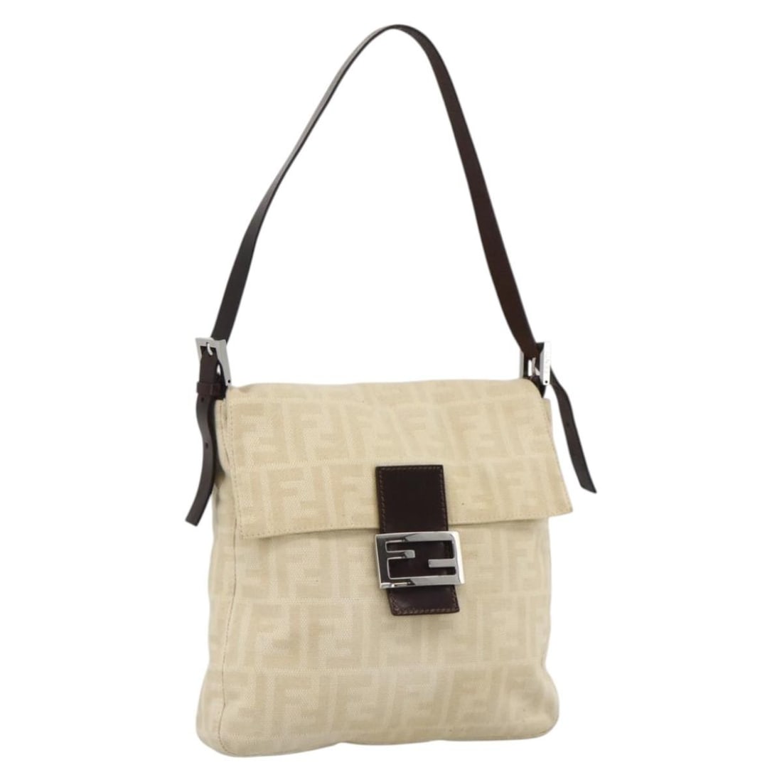 FENDI Mamma Baguette Shoulder Bag in Beige Silver Zucca Canvas: FENDI Mamma Baguette Shoulder Bag in Beige Silver Zucca Canvas Fendi Mamma Baguette shoulder bag in beige and silver Zucca canvas. This women's bag is made in Italy and features a shoulder strap with 