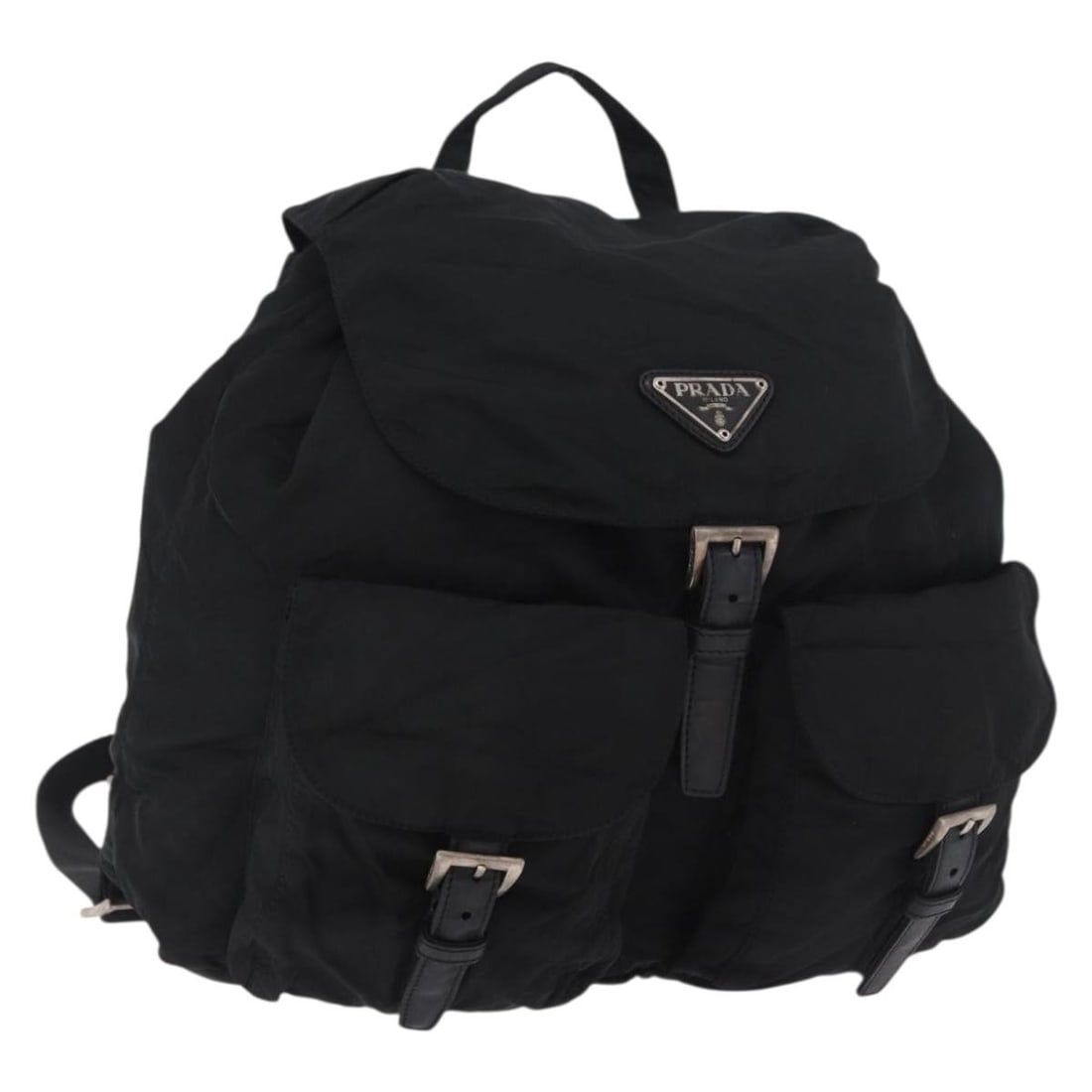 PRADA Black Nylon Backpack with Guarantee Card: PRADA Black Nylon Backpack with Guarantee Card Authentic Prada backpack in black nylon with silver-tone accents. Made in Italy, this women's backpack includes the guarantee card. Condition is heavily 