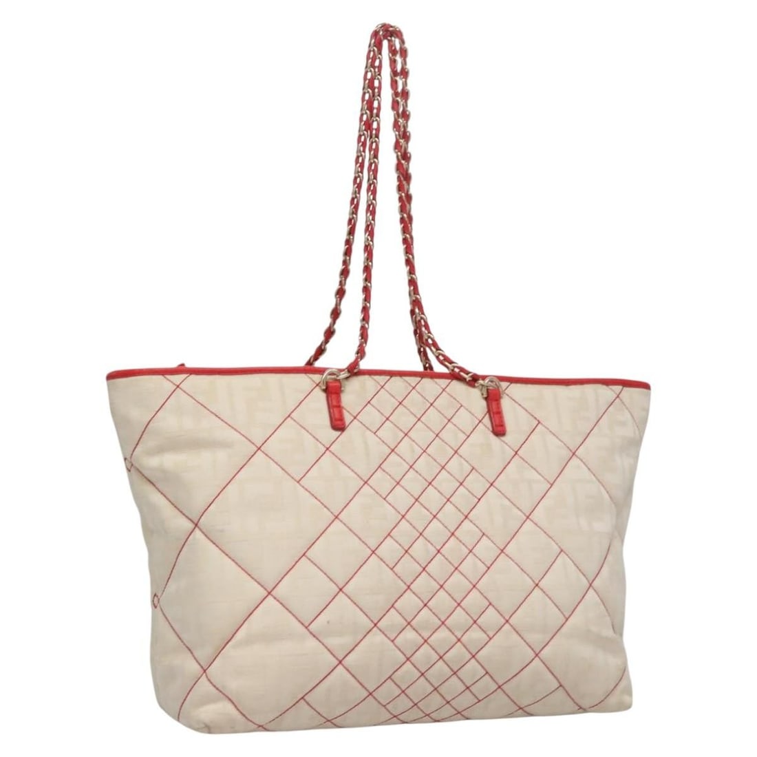 FENDI Beige Zucca Canvas Chain Handle Tote Bag: FENDI Beige Zucca Canvas Chain Handle Tote Bag FENDI tote bag in beige Zucca canvas, made in Italy. This women's bag features a handle drop of approximately 11.8 inches (30 cm) and measures approximat