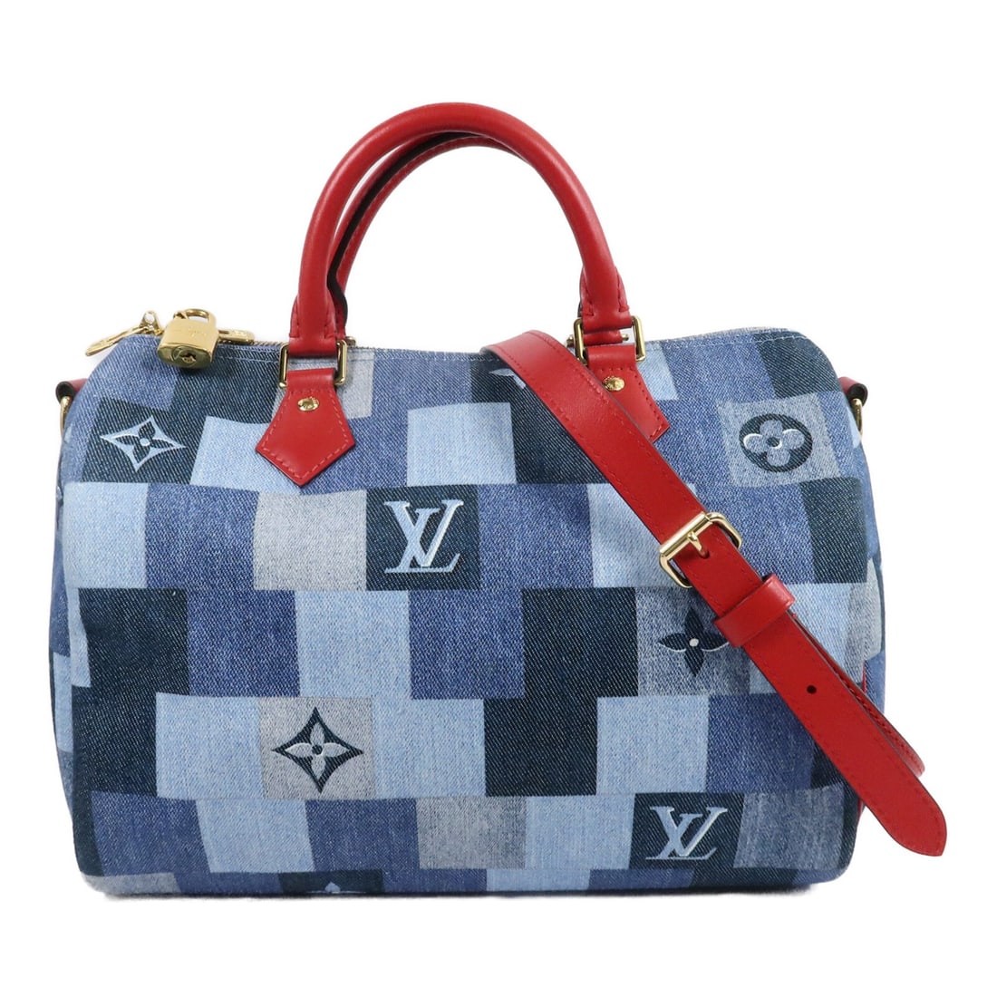 Louis Vuitton Speedy Bandouliere 30 2way Shoulder Bag M45041: Louis Vuitton Speedy Bandouliere 30 2way Shoulder Bag M45041 Louis Vuitton Speedy Bandouliere 30 in Square Patchwork Monogram Denim. It features a red and blue color combination with leather and denim