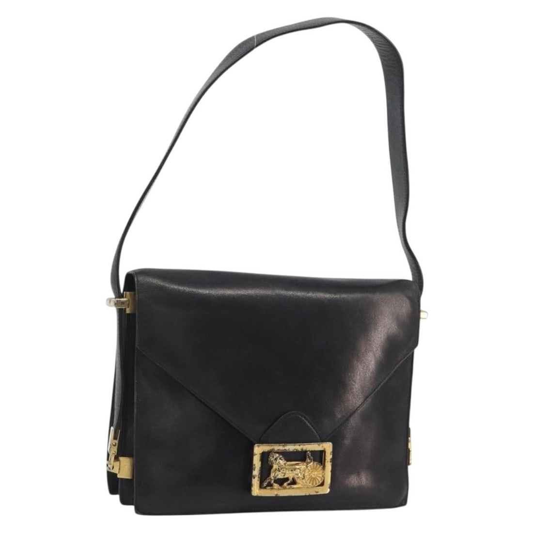 CELINE Leather Shoulder Bag Black with Gold Tone Hardware: CELINE Leather Shoulder Bag Black with Gold Tone Hardware Authentic CELINE shoulder bag crafted in black leather with gold-tone accents. Made in Italy, this women's bag includes a dust bag. Condition 