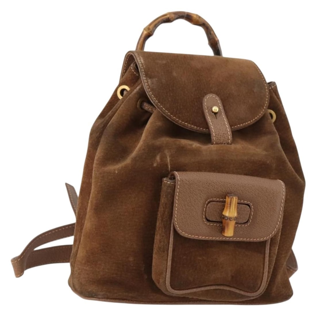 Gucci Bamboo Brown Suede Gold Backpack Model 003 2852 0030 0: Gucci Bamboo Brown Suede Gold Backpack Model 003 2852 0030 0 This is a GUCCI bamboo backpack crafted from brown suede with gold-tone accents. The bag features a compact design and a bamboo handle. Des